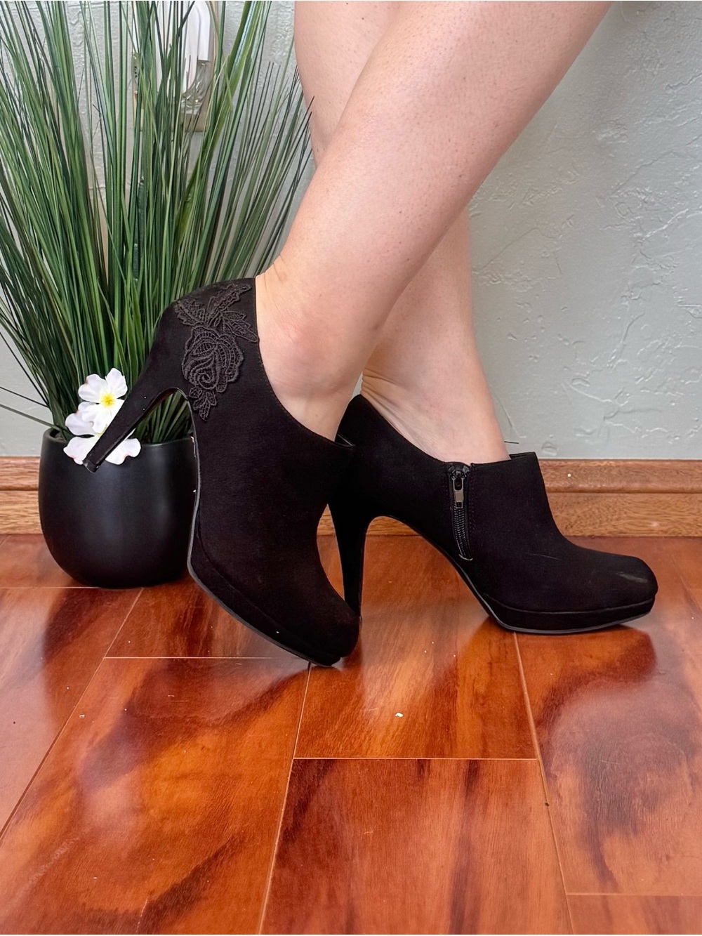 Impo Black Suede High-Heel Booties with Lace Appliqué Detail